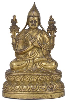 Lot 16 - A GILT BRONZE FIGURE OF TSONG KA PA