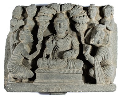 Lot 85 - A GANDHARA GREY SCHIST RELIEF DEPICTING THE FIRST SERMON, NORTH-WESTERN PAKISTAN, 3RD/4TH CENTURY