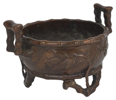 Lot 220 - A BRONZE 'BAMBOO' TRIPOD CENSER