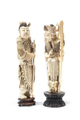 Lot 237 - ~TWO CHINESE IVORY FIGURES OF GUAN YU AND ASSOCIATE