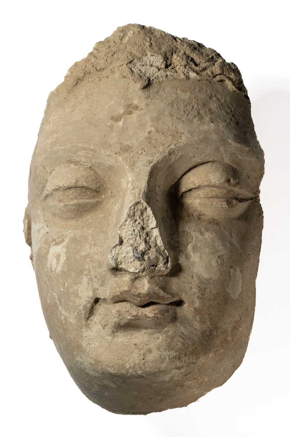 Lot 95 - A LIFESIZE FRAGMENTARY GANDHARA STUCCO BUDDHA HEAD, NORTH-WESTERN PAKISTAN 4TH/5TH CENTURY