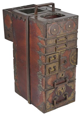 Lot 311 - A JAPANESE WOOD AND GILT-METAL-MOUNTED CALIGRAPHER'S COMPENDIUM