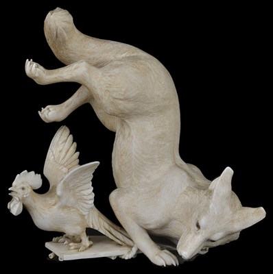 Lot 341 - ~A JAPANESE IVORY OKIMONO OF A WOLF AND COCKEREL