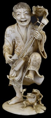 Lot 342 - ~A JAPANESE IVORY OKIMONO OF A MUSICIAN