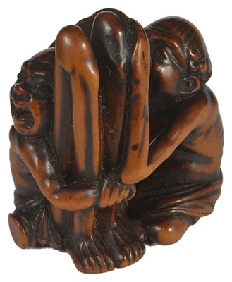 Lot 362 - A JAPANESE WOOD NETSUKE OF ASHINAGA AND TENAGA