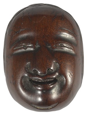 Lot 365 - A JAPANESE WOOD MASK NETSUKE OF A WOMAN