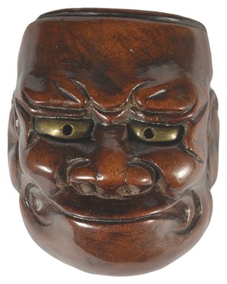 Lot 368 - A JAPANESE WOOD MASK NETSUKE OF BESHIMI