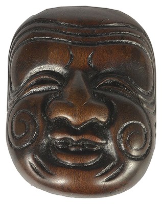 Lot 369 - A JAPANESE WOOD MASK NETSUKE OF AN OLD MAN