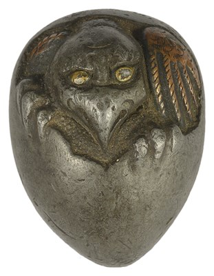 Lot 386 - A JAPANESE SOLID PEWTER NETSUKE OF TENGU NO TAMAGO