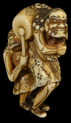 Lot 418 - ~A JAPANESE IVORY NETSUKE OF ASHINAGA AND TENAGA