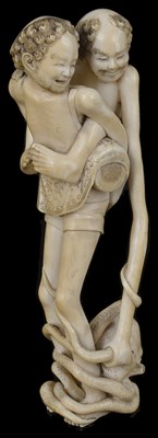 Lot 449 - ~A JAPANESE IVORY SASHI NETSUKE OF ASHINAGA AND TENAGA