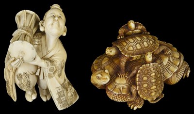 Lot 452 - ~A JAPANESE IVORY OKIMONO NETSUKE OF A GROUP OF TORTOISES