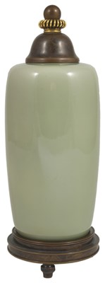 Lot 493 - A ROYAL COPENHAGEN CELADON VASE WITH BRONZE COVER AND STAND