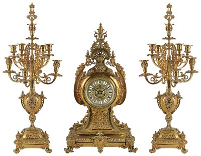 Lot 502 - A LARGE GILT-BRONZE THREE-PIECE CLOCK GARNITURE