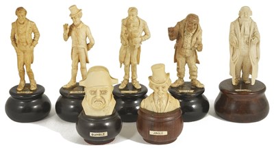 Lot 512 - ~A SET OF FIVE CARVED IVORY CHARLES DICKENS CHARACTER FIGURES AND A PAIR OF BUSTS