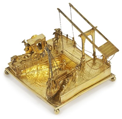 Lot 576 - A DUTCH SILVER-GILT TOY MODEL OF A CANAL DRAWBRIDGE AND QUAYS