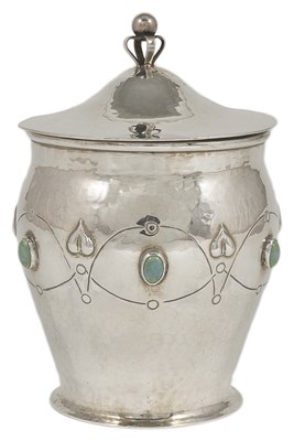 Lot 595 - AN ARTS AND CRAFTS SILVER JAR AND COVER