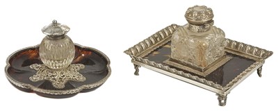 Lot 631 - TWO VICTORIAN SILVER AND TORTOISESHELL INKWELLS