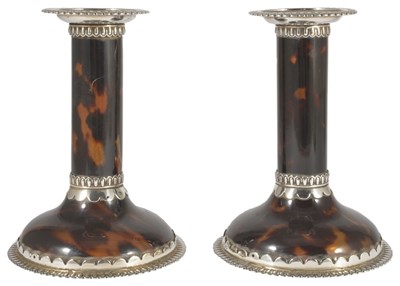 Lot 632 - A PAIR OF VICTORIAN SILVER AND TORTOISESHELL CANDLESTICKS