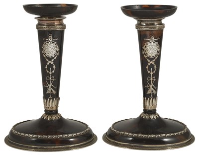 Lot 633 - A PAIR OF GEORGE V SILVER AND TORTOISESHELL CANDLESTICKS