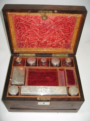 Lot 640 - ~A VICTORIAN ROSEWOOD DRESSING CASE (OR TOILET BOX)