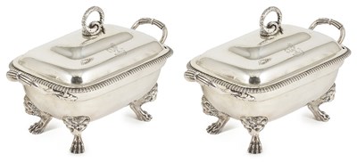 Lot 671 - A PAIR OF GEORGE III SILVER SAUCE TUREENS AND COVERS