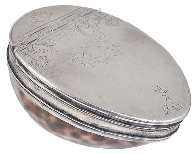 Lot 693 - A SCOTTISH SILVER-MOUNTED COWRIE SHELL SNUFF BOX