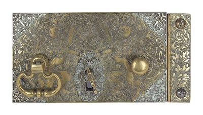 Lot 22 - A QUEEN ANNE BRASS DOOR LOCK WITH STRIKING PLATE