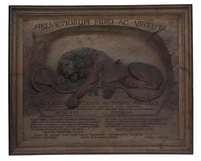 Lot 25 - A RELIEF CARVED FRUITWOOD PANEL OF THE LION OF LUCERNE AFTER BERTEL THORWALDSEN (DA