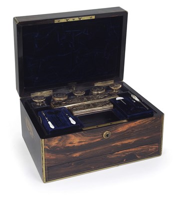 Lot 31 - A VICTORIAN COROMANDEL WOOD BOXED SILVER-GILT TOILET SET