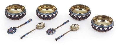 Lot 38 - A SET OF FOUR RUSSIAN CLOISONNÃ‰ ENAMEL SILVER-GILT SALT CELLARS AND SALT SPOONS