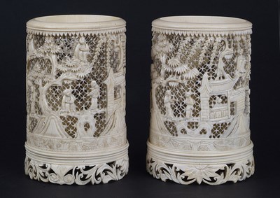 Lot 41 - A PAIR OF CHINESE CARVED IVORY BRUSH POTS OR VASES