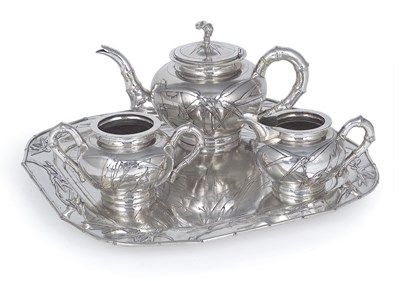 Lot 43 - A CHINESE SILVER THREE-PIECE TEA SET AND TRAY