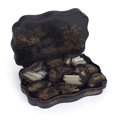 Lot 47 - A CHINESE  EXPORT GILT AND BLACK LACQUER BOX AND COVER CONTAINING TWELVE SMALL BOXES