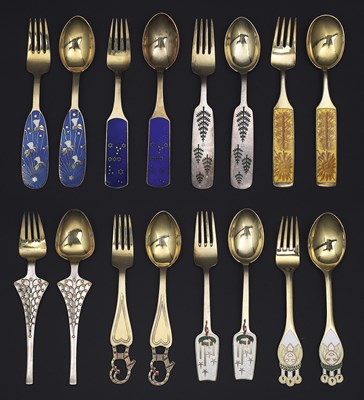 Lot 51 - EIGHT SETS OF DANISH SILVER-GILT AND ENAMEL CHRISTMAS SPOONS AND FORKS