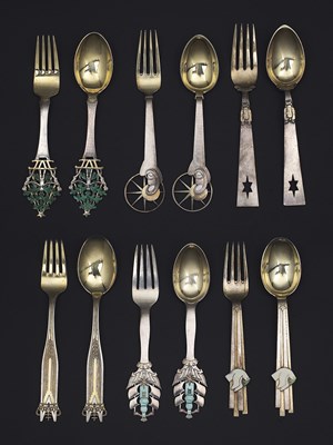 Lot 52 - FIVE SETS OF DANISH PARCEL-GILT-SILVER AND ENAMEL CHRISTMAS SPOONS AND FORKS