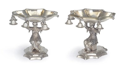 Lot 75 - A PAIR OF GERMAN FIGURAL SILVER SALTS