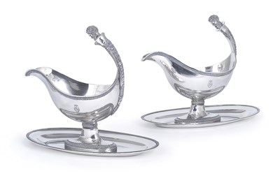 Lot 76 - A PAIR OF RESTAURATION SILVER SAUCEBOATS ON STANDS