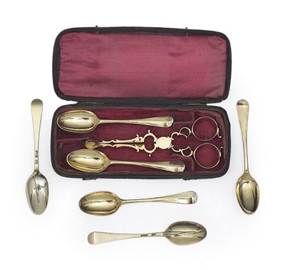 Lot 111 - A SET OF SIX GEORGE II SILVER-GILT TEASPOONS AND PAIR TEA TONGS IN CASE