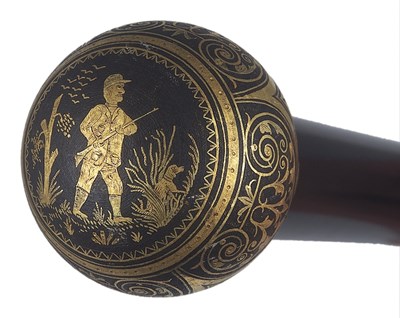 Lot 204 - A SPANISH DAMASCENED CANE KNOB