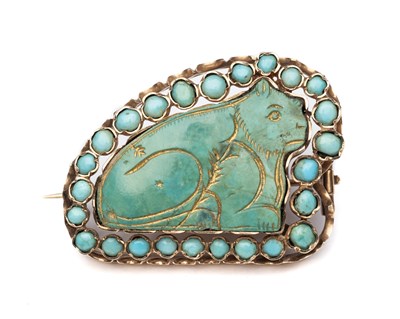 Lot 57 - A TURQUOISE AND GOLD BROOCH, PERSIA, 20TH CENTURY