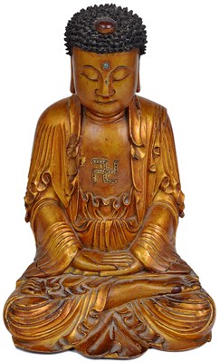 Lot 60 - A CHINESE LACQUERED WOOD FIGURE OF BUDDHA