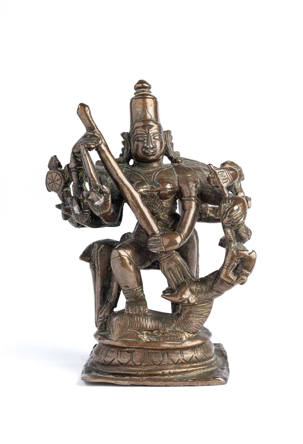 Lot 110 - A BRONZE FIGURE OF DURGA SLAYING THE BUFFALO DEMON, TAMIL NADU, SOUTH INDIA, 17TH/18TH CENTURY