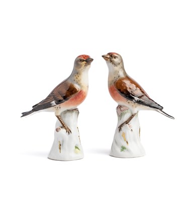 Lot 25 - AN OPPOSING PAIR OF MEISSEN FIGURES OF LINNETS, 20TH CENTURY