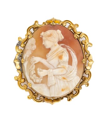 Lot 326 - TWO GOLD MOUNTED SHELL CAMEO BROOCHES, MID 19TH CENTURY