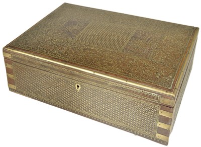 Lot 241 - A BRASS WIRE INLAID WOOD WORKBOX