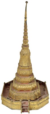 Lot 250 - A LACQUERED GILT BRONZE MODEL STUPA