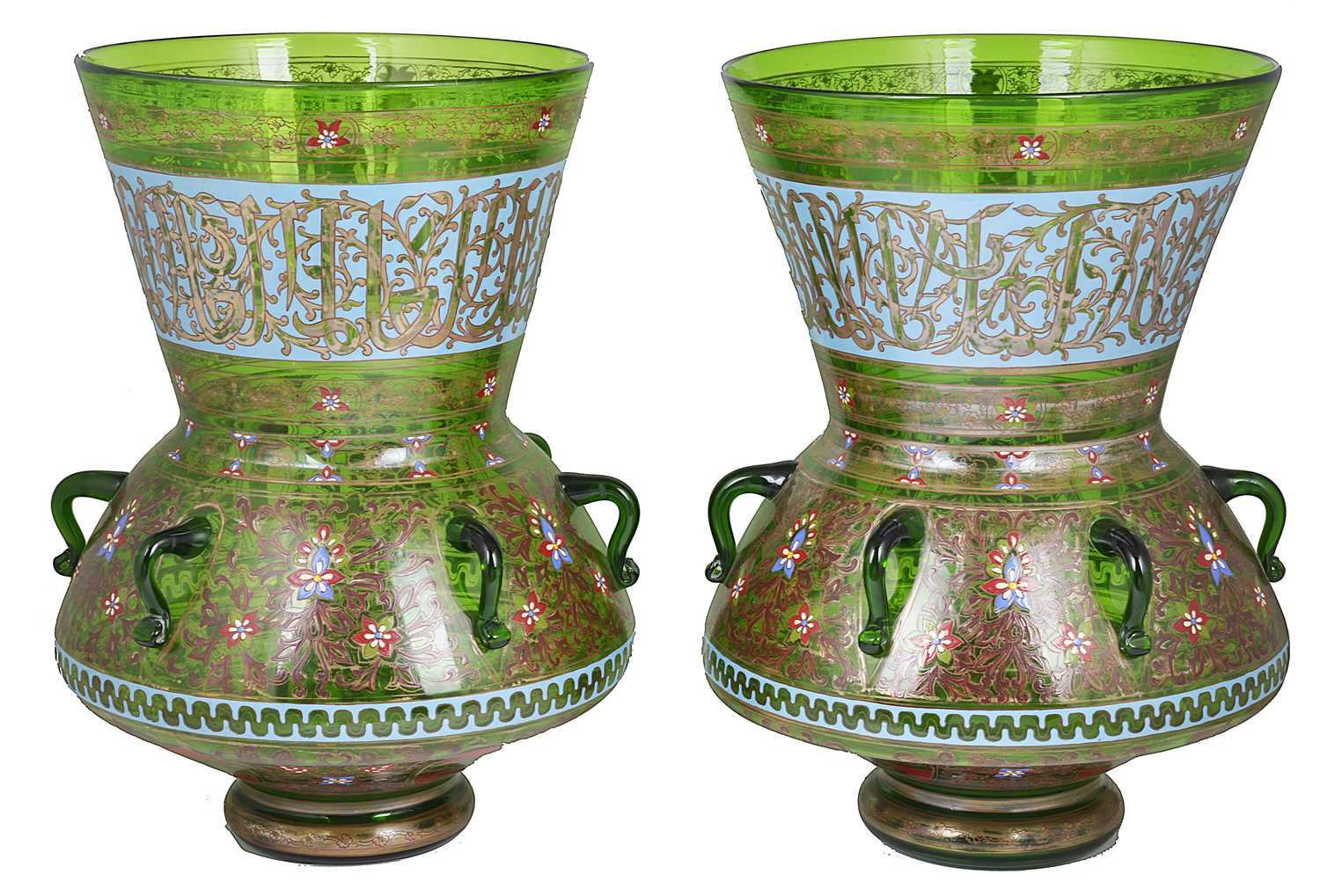 Lot 268 - A PAIR OF ENAMELLED GLASS MOSQUE LAMPS