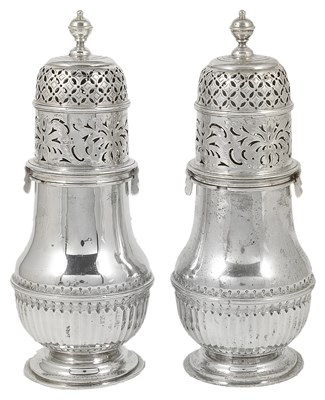 Lot 343 - A PAIR OF EDWARDIAN SILVER CASTERS