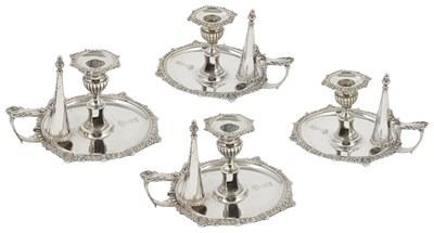 Lot 376 - A SET OF FOUR GEORGE III SILVER CHAMBER CANDLESTICKS